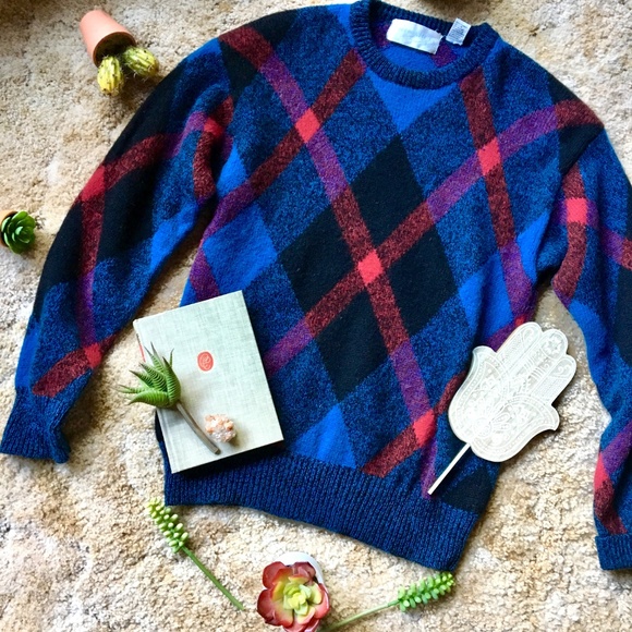 {Vintage} 100% Shetland Wool Plaid Grandpa Sweater - Picture 8 of 8